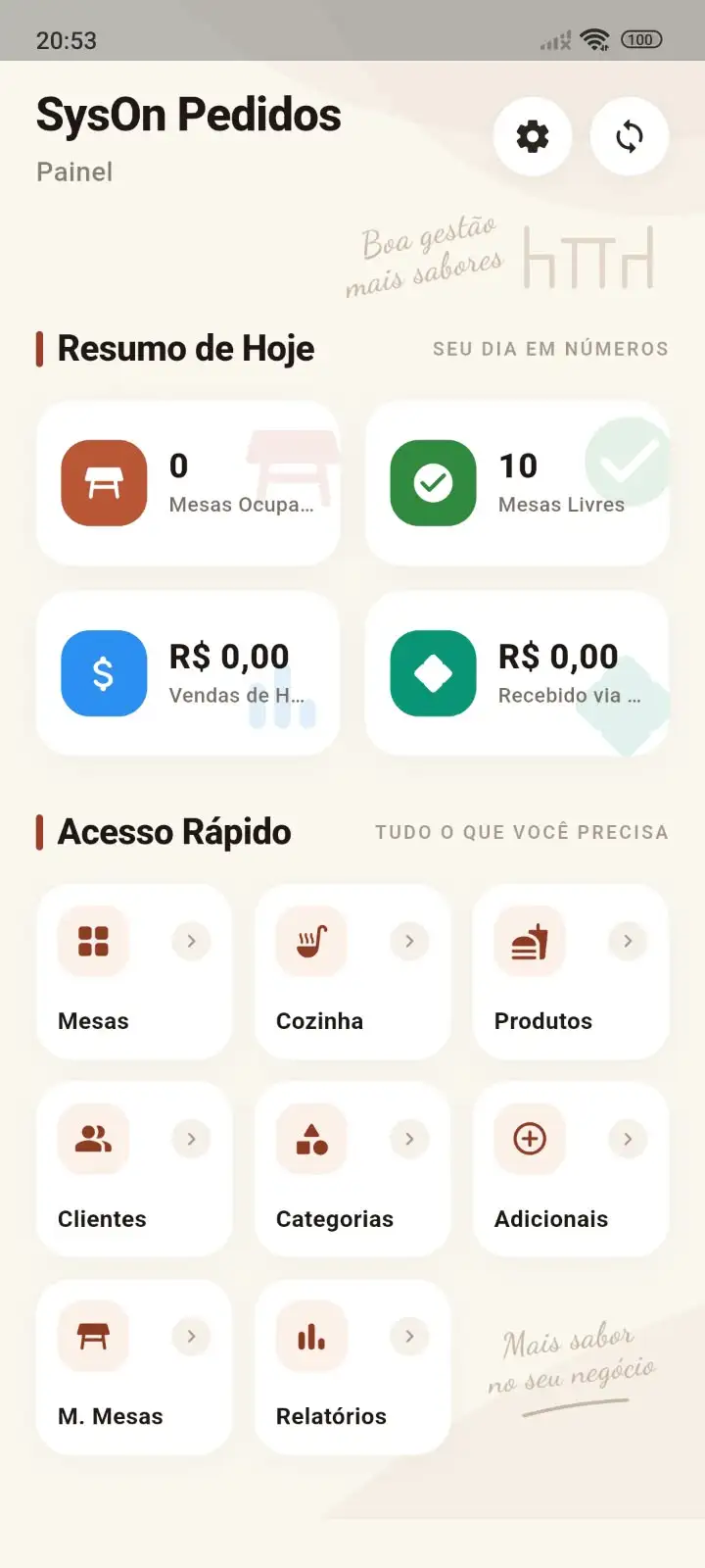 Interface do aplicativo SysOn Pedidos para gestão de comandas, mesas e balcão